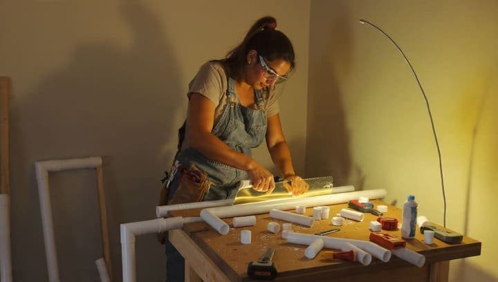 Corte e monte a estrutura de PVC (base firme primeiro)